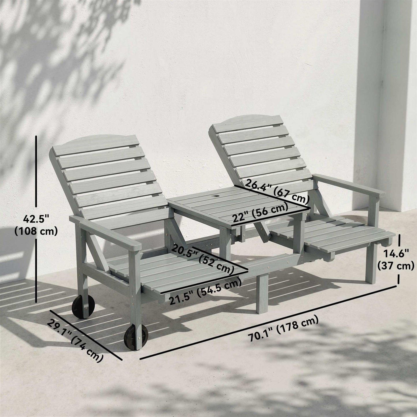 Outdoor Bench with Wheels and 3-Position Adjustable High Back, 2 Seater Outdoor Loveseat with Umbrella Hole, Grey