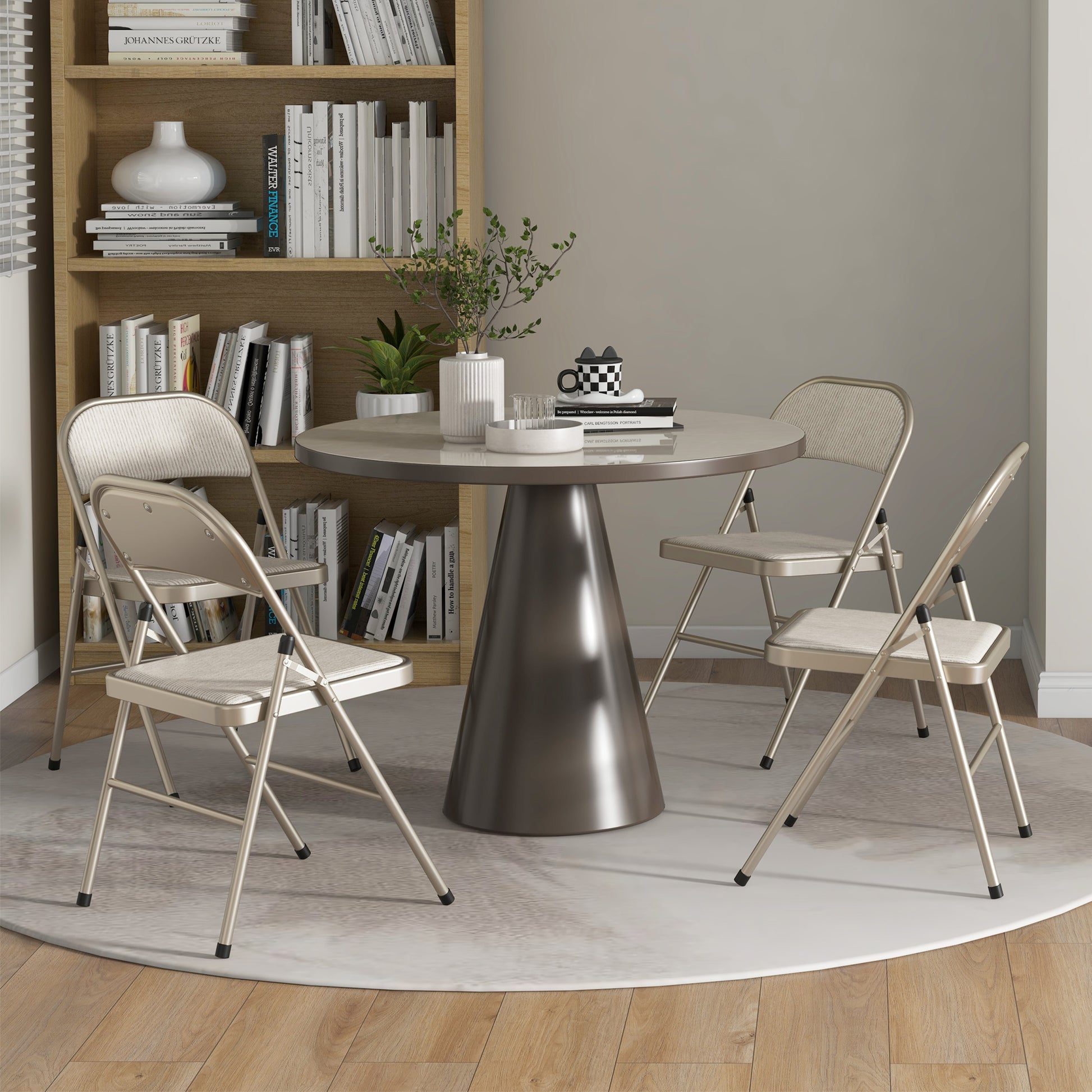 Set of 4 Metal Foldable Chairs, Linen Fabric Padded Folding Chairs with Cushion Seat and Open Back for Indoor, Beige