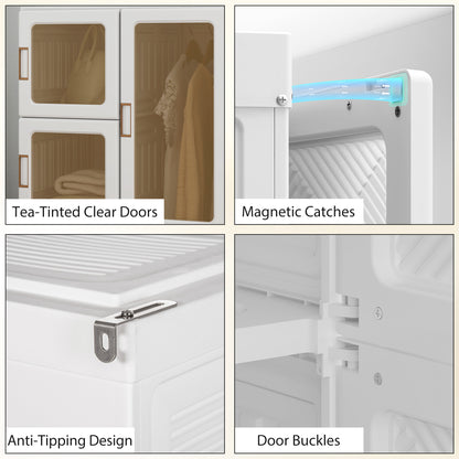 Portable Wardrobe, Foldable Plastic Closet with 8 Compartments, 2 Hanging Rods and Magnetic Clear Doors, Brown