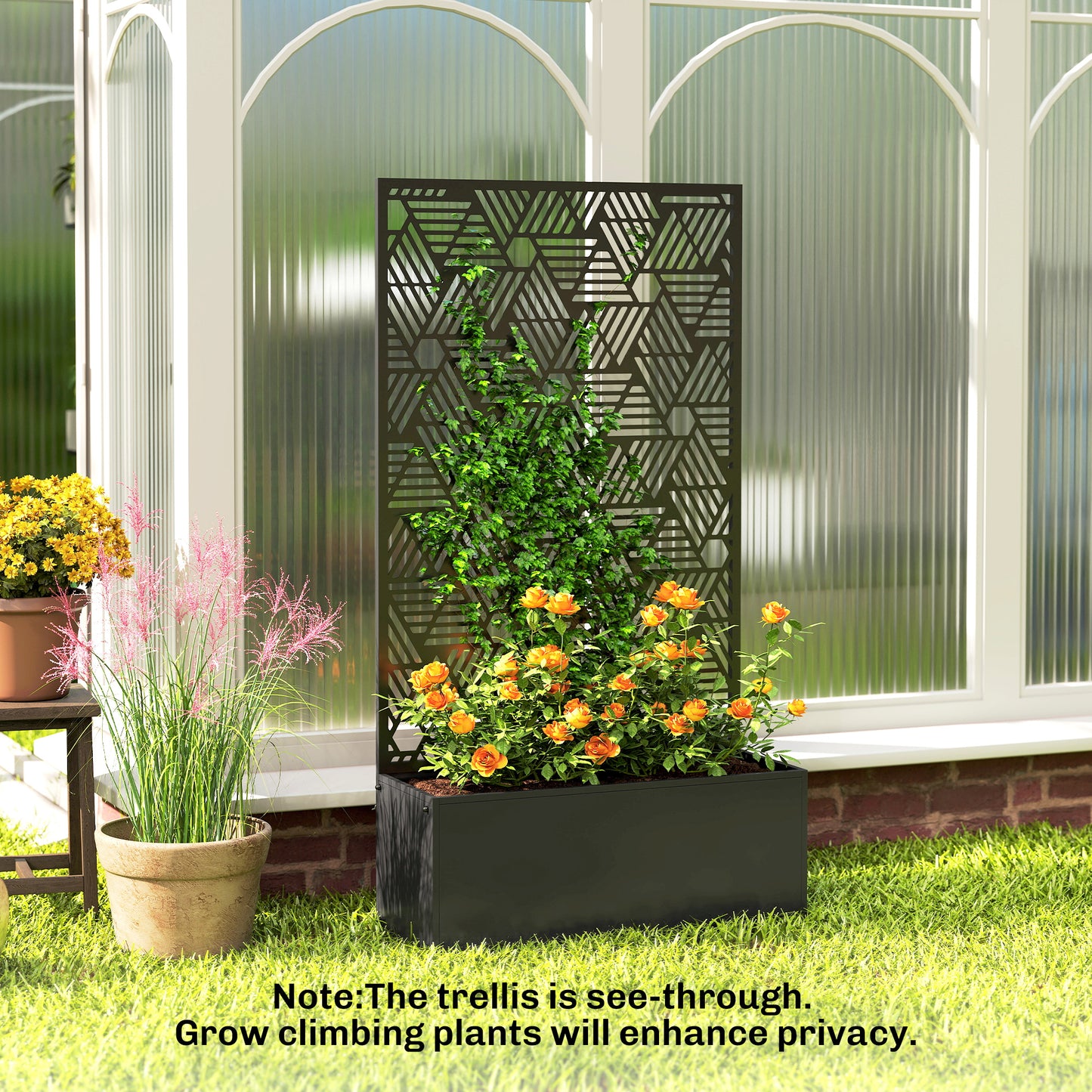 Metal Planter Box with Trellis, 44.5" Tall Raised Garden Bed with Privacy Screen, Hexagon and Line Cut-Out