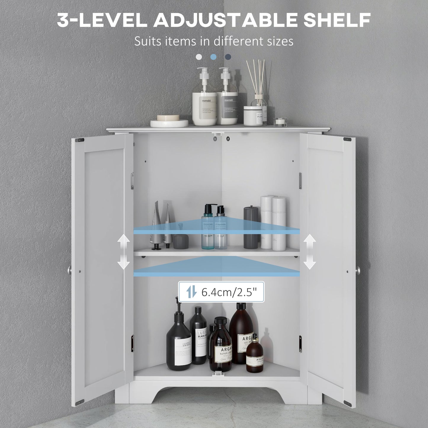 Modern Bathroom Storage Cabinet, Corner Cabinet with Doors, Bathroom Cabinet with Adjustable Shelf and Recessed Door, White