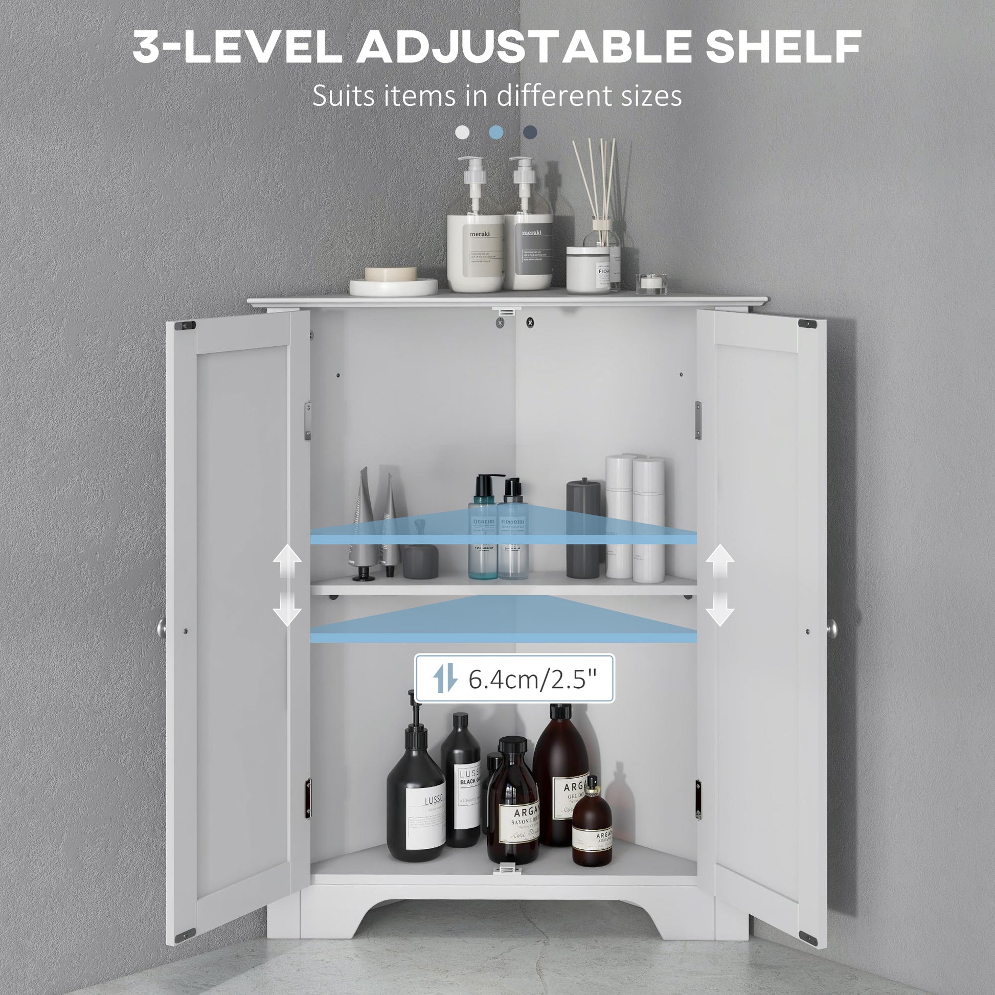 Modern Bathroom Storage Cabinet, Corner Cabinet with Doors, Bathroom Cabinet with Adjustable Shelf and Recessed Door, White