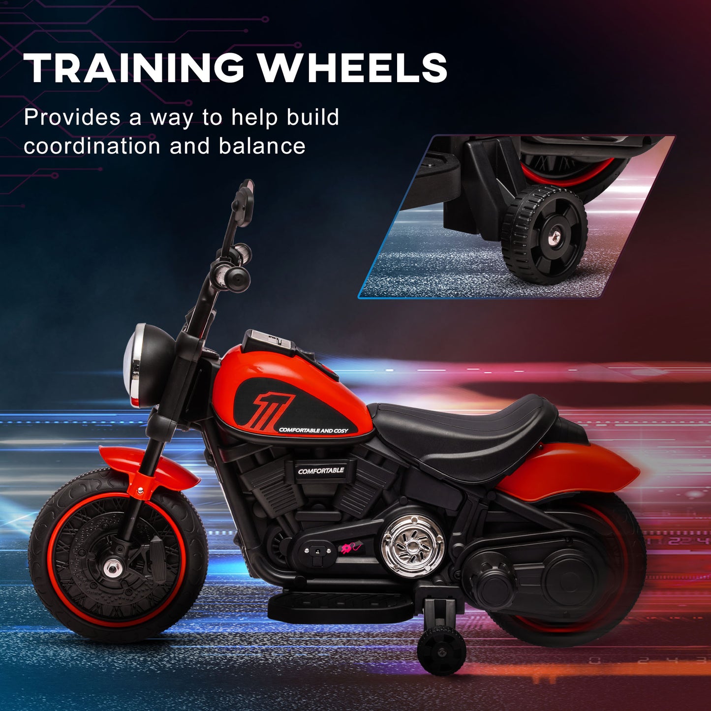 Aosom 6V Kids Motorcycle with Training Wheels, Foot Pedal, Headlight, Music, Forward/Reverse, Single-Button Start, Red