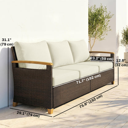 3 Seater Outdoor Couch Sofa, PE Wicker Patio Furniture Couch, Wide Seat, 4" Cushions, Wood-Effect Armrests, Cream White