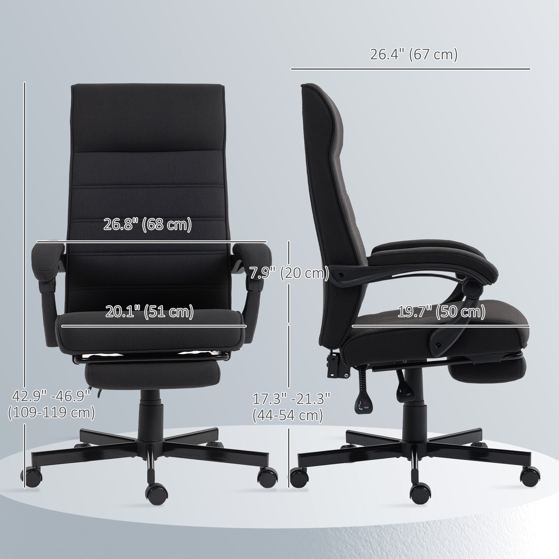 Office Chair, Linen High Back Desk Chair, Swivel Recliner with Adjustable Height, Footrest and Padded Armrest, Black