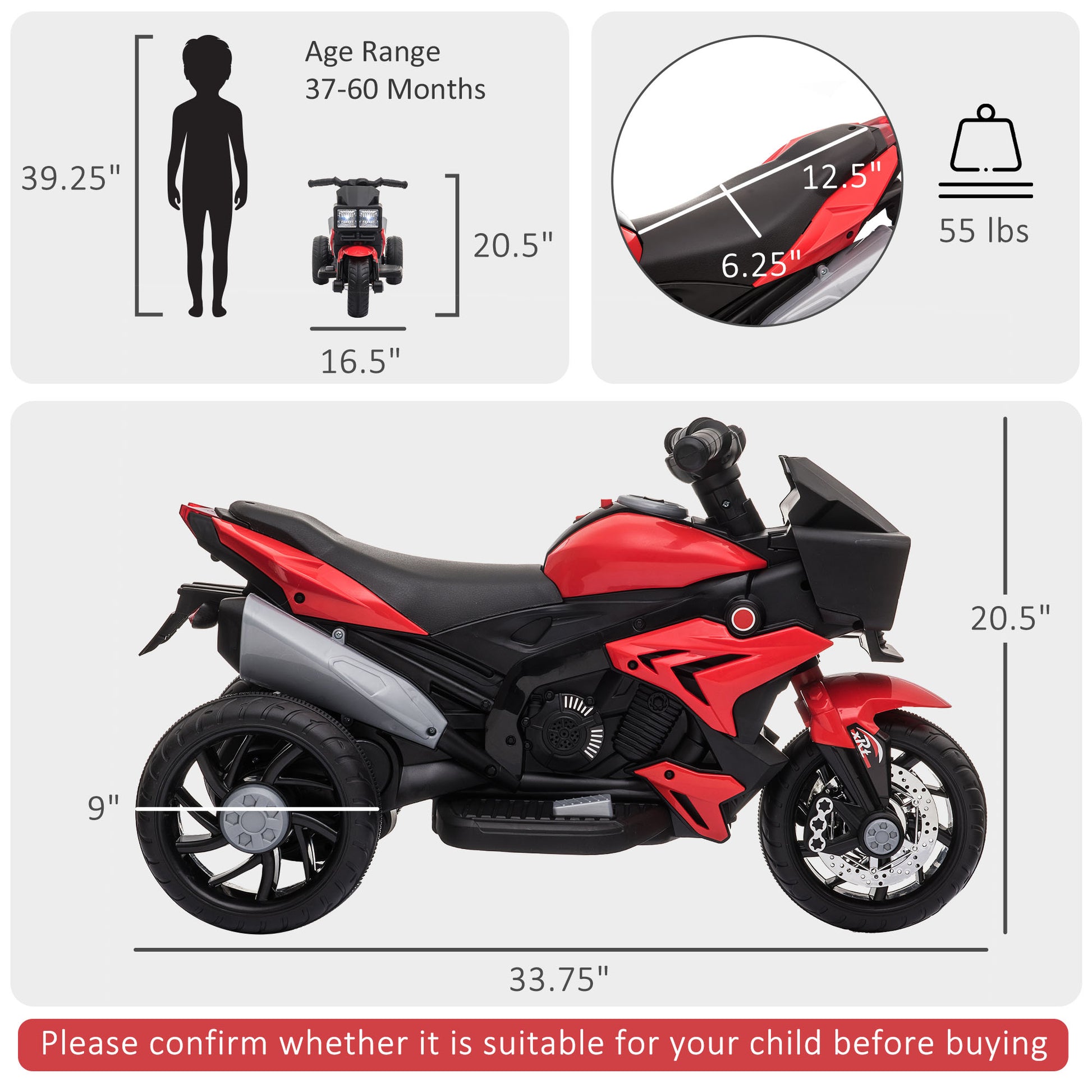 Aosom Kids Electric Pedal Motorcycle Ride-On Toy 6V Battery Powered w/ Music Horn Headlights Motorbike for Girls Boy Red