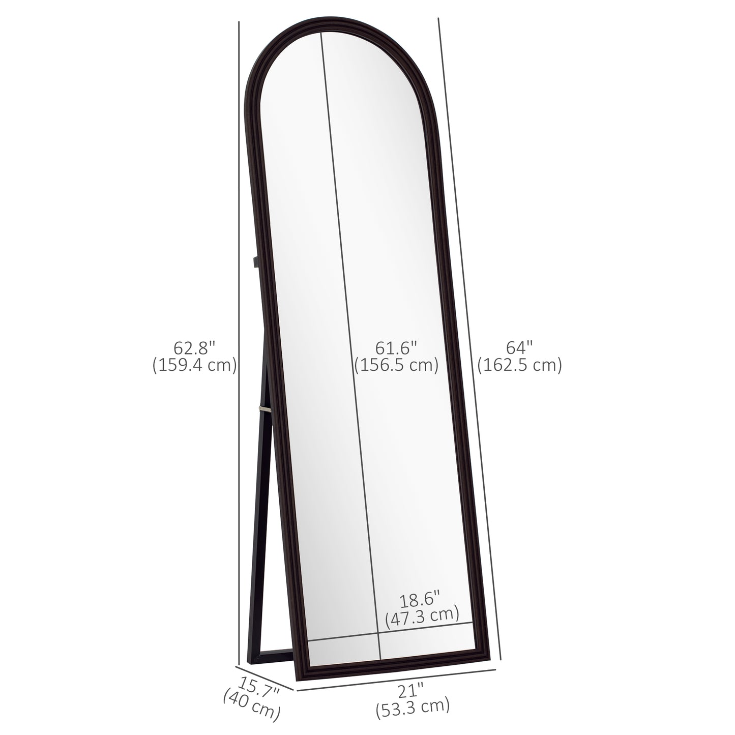 64" x 21" Full Length Mirror, Free Standing, Leaning or Wall, Arched Full Body Mirror, Brown Wood Grain