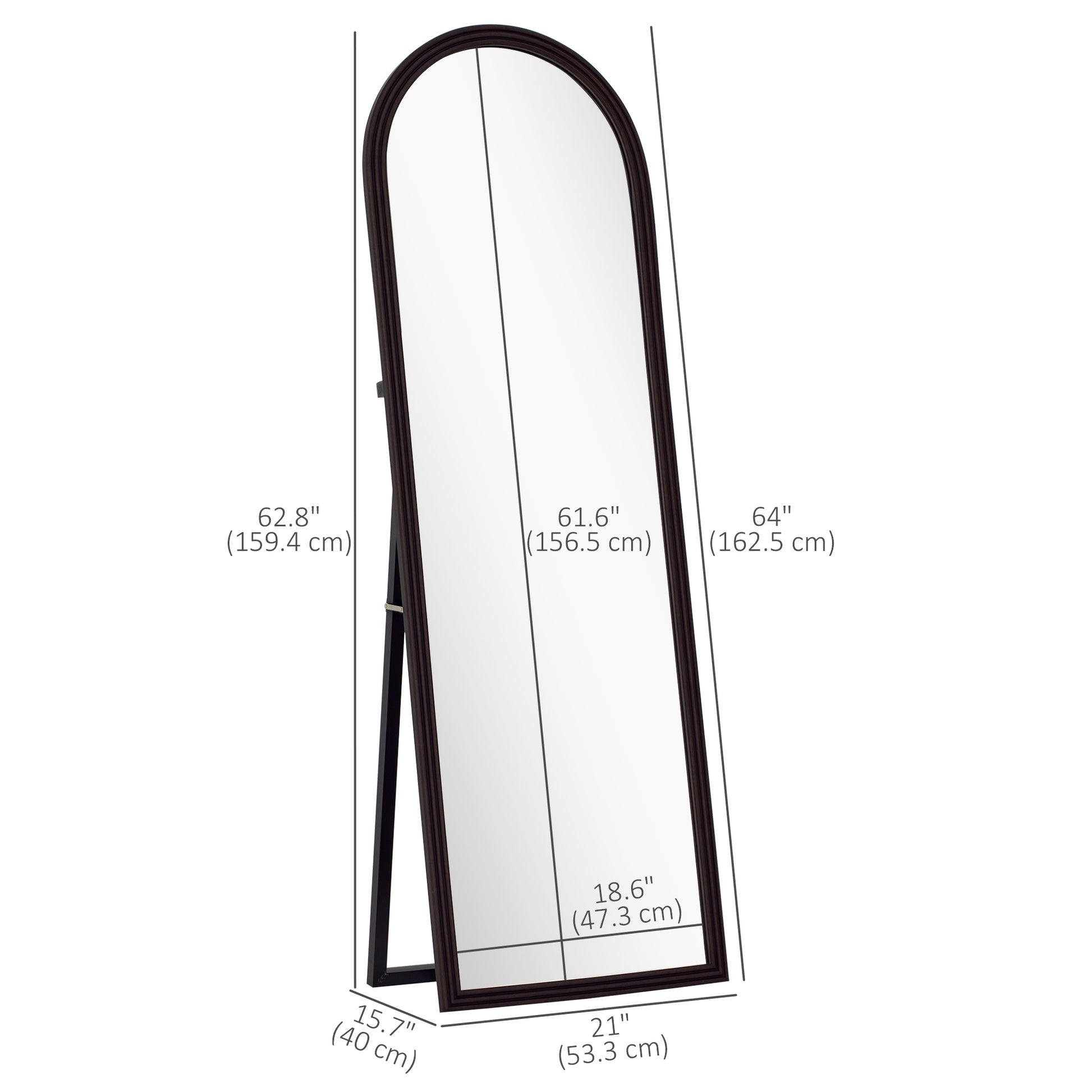 64" x 21" Full Length Mirror, Free Standing, Leaning or Wall, Arched Full Body Mirror, Brown Wood Grain