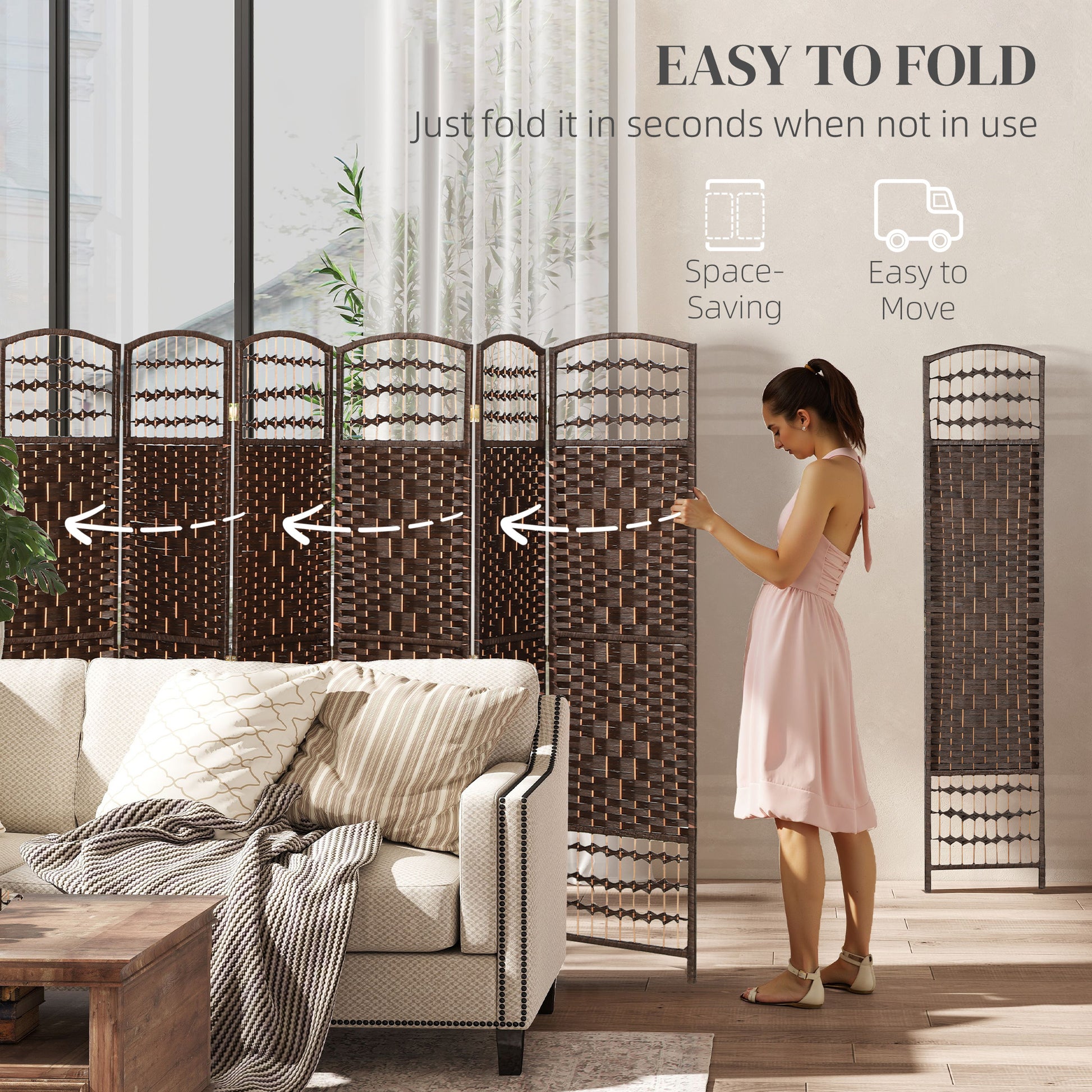 8 Panel Folding Room Divider, Portable Privacy Screen, Wave Fiber Room Partition for Home Office, Brown