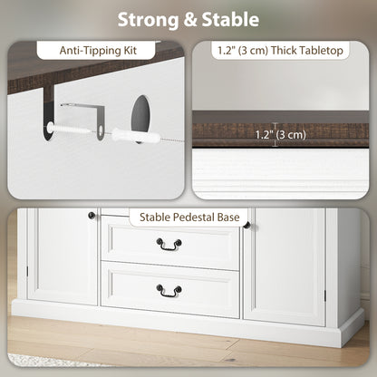 Farmhouse Sideboard with Charging Station, 58" Buffet Cabinet, Kitchen Storage Cabinet with 4 Drawers, 2 Doors, White