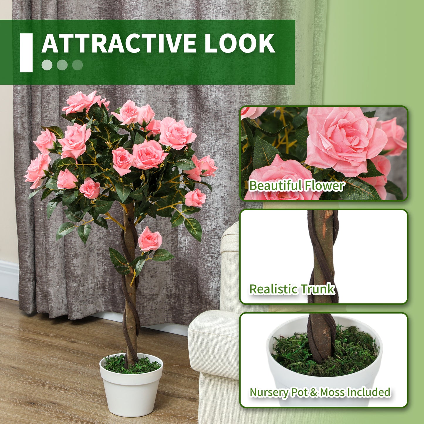 3FT Artificial Plant Pink Rose Floral Set of 2 in Pot, Fake Plant for Home Indoor Decor