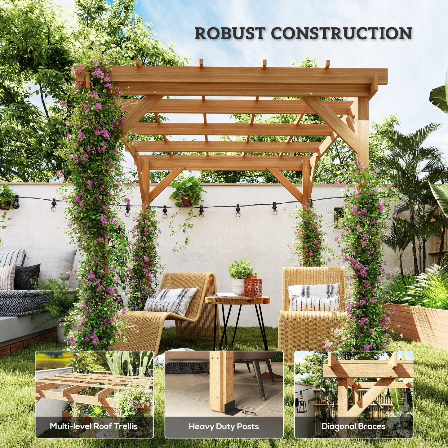 6.6' x 6.6' Wood Pergola, Outdoor Gazebo Grape Trellis with Stable Structure for Climbing Plant Support, Dark Brown