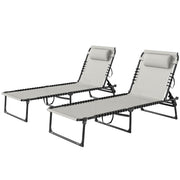 2 PCs Folding Lounge Chairs, Adjustable Chaise Lounges with Headrest for Camping, Hiking, Cream White