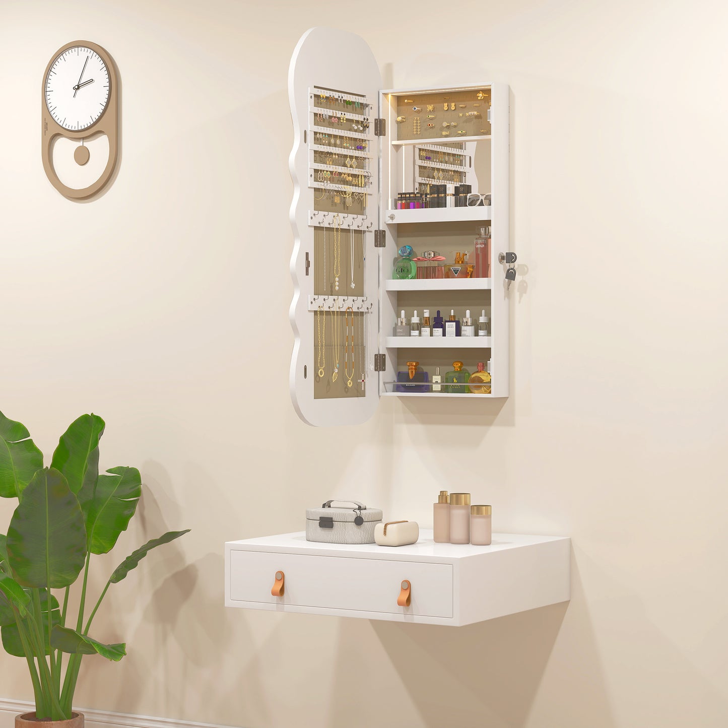 Jewelry Armoire Cabinet with Lights, Wall Mounted or Door Hanging Mirror Jewelry Cabinet with Full Length Mirror, White