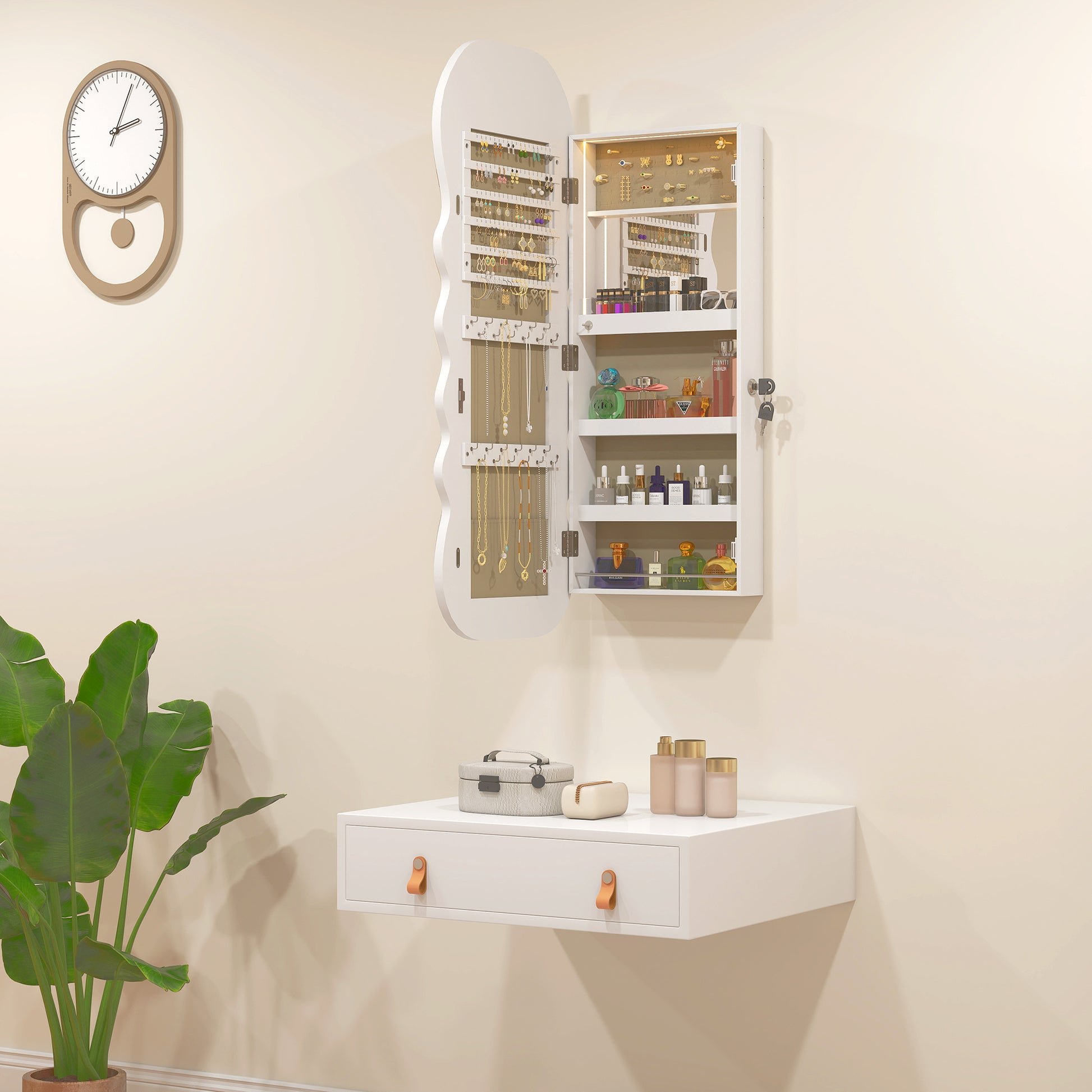Jewelry Armoire Cabinet with Lights, Wall Mounted or Door Hanging Mirror Jewelry Cabinet with Full Length Mirror, White