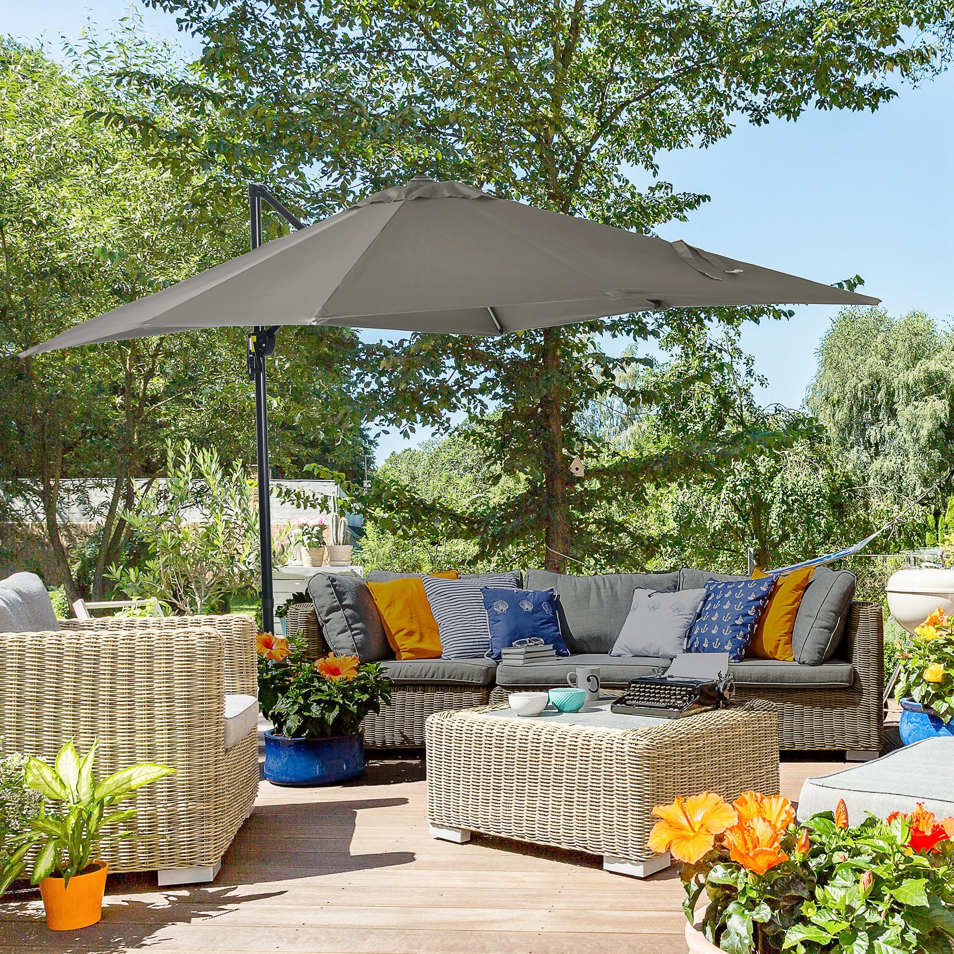 8' x 8' Square Patio Hanging Offset Umbrella with 360° Rotation, Aluminum Outdoor Cantilever Market Parasol, Light Grey