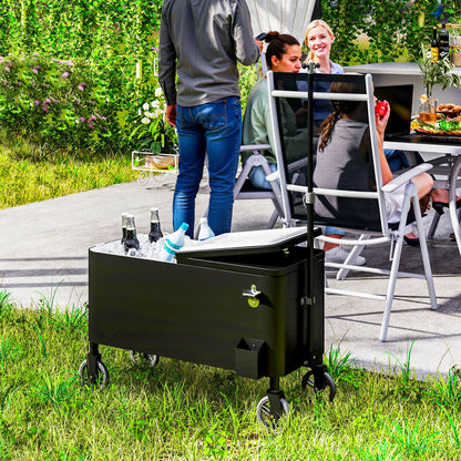80-Qt Outdoor Patio Cooler Cart, Rolling Ice Chest with Adjustable Handle, Wheels, Bottle Opener, Drainage, Outdoor Beverage Cooler Bar Cart for Party BBQ Camping, Black