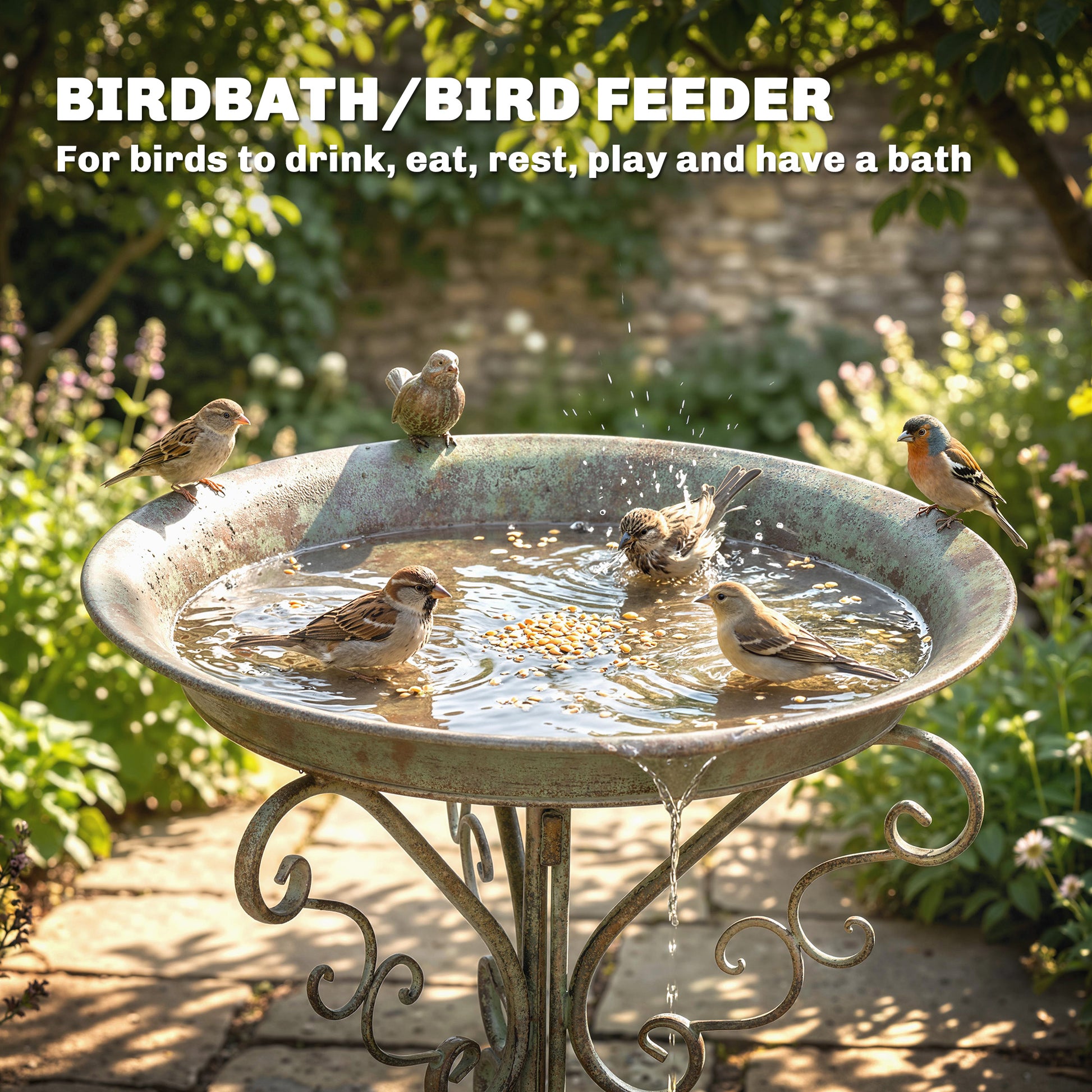 30" Tall Bird Bath with Bird Statue and Decorative Stand, Freestanding Vintage Garden BirdBath Bowl Pedestal
