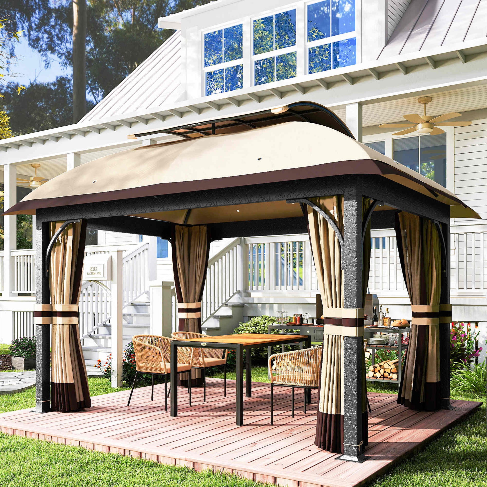 11' x 13' Patio Gazebo, Double Roof Outdoor Gazebo Canopy with Netting & Curtains, Galvanized Metal Frame, Khaki