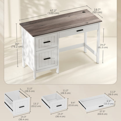 Computer Desk with 3 Drawers, Farmhouse Home Office Desk with File Drawer and Wood Grain Top for Small Spaces, White