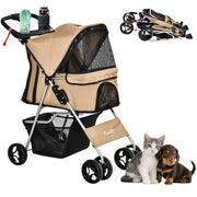 Pet Stroller Foldable Carrier for Cat, Dog and More 4 Wheels Travel Jogger with Cup Holder, Storage Basket, 360 ° swiveling front wheels, Easy Fold, Coffee