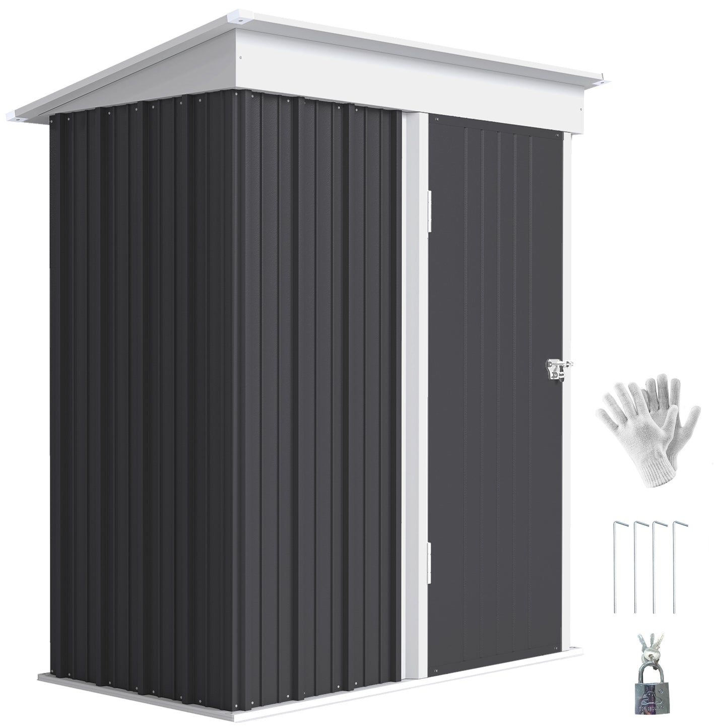 Outdoor Storage Shed, Steel Lean-to Shed with Adjustable Shelf, Lock, Gloves, 5'x3'x6', Dark Grey