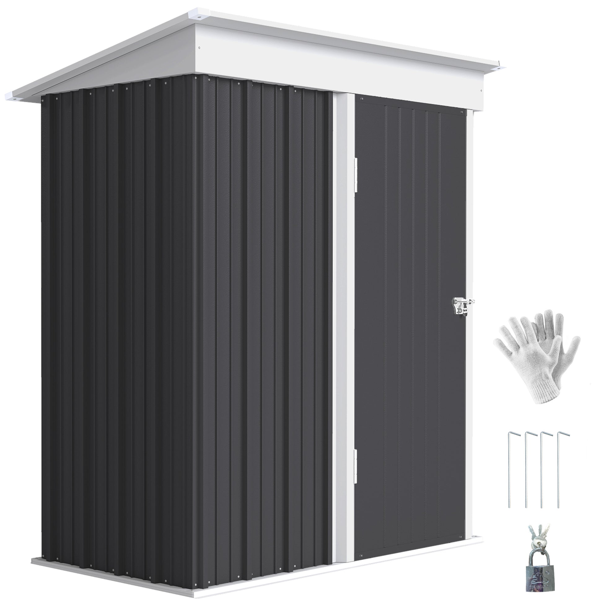 Outdoor Storage Shed, Steel Lean-to Shed with Adjustable Shelf, Lock, Gloves, 5'x3'x6', Dark Grey