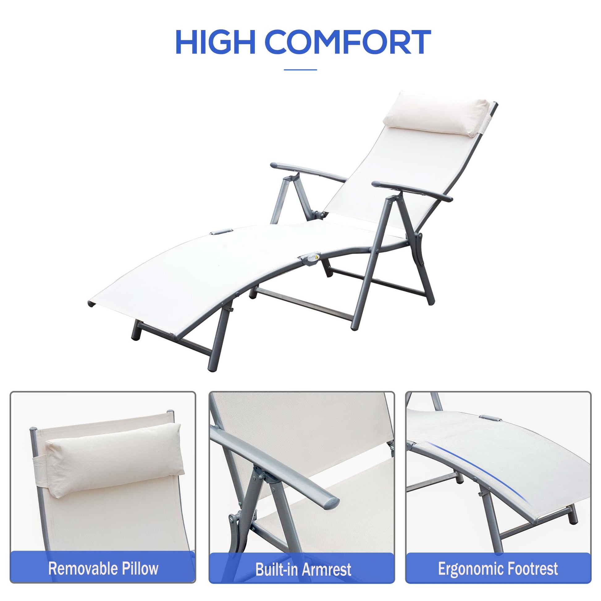 Heavy-duty Adjustable Folding Reclining Chair Outdoor Sun Lounger Patio Chaise Lounge Garden Beach Gravity Lounge with Pillow, 7 Adjustable Backrest Positions, Cream
