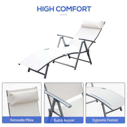 Heavy-duty Adjustable Folding Reclining Chair Outdoor Sun Lounger Patio Chaise Lounge Garden Beach Gravity Lounge with Pillow, 7 Adjustable Backrest Positions, Cream