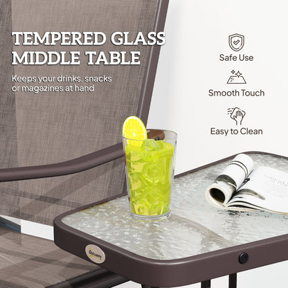 Double Patio Glider Chair with Glass Top Center Table, Outdoor Glider Loveseat with High Back, All Weather Breathable Mesh Fabric for Garden, Backyard, Deck, Brown