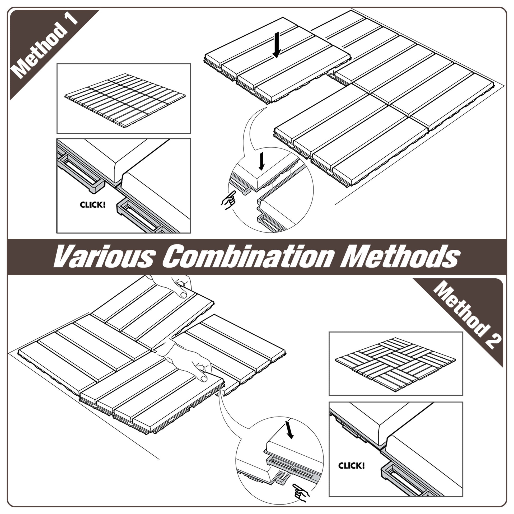 9 Pcs PP Interlocking Composite Deck Tile, 12" x 12" Outdoor Flooring Tiles for Indoor and Outdoor Use, Tools Free Assembly, Brown