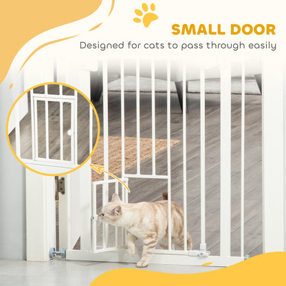 Pet Gate Extra Wide Press-Mounted with Cat Door, Auto Closing Pet Gate for Stair, Hallway, 29-32 Inch, White
