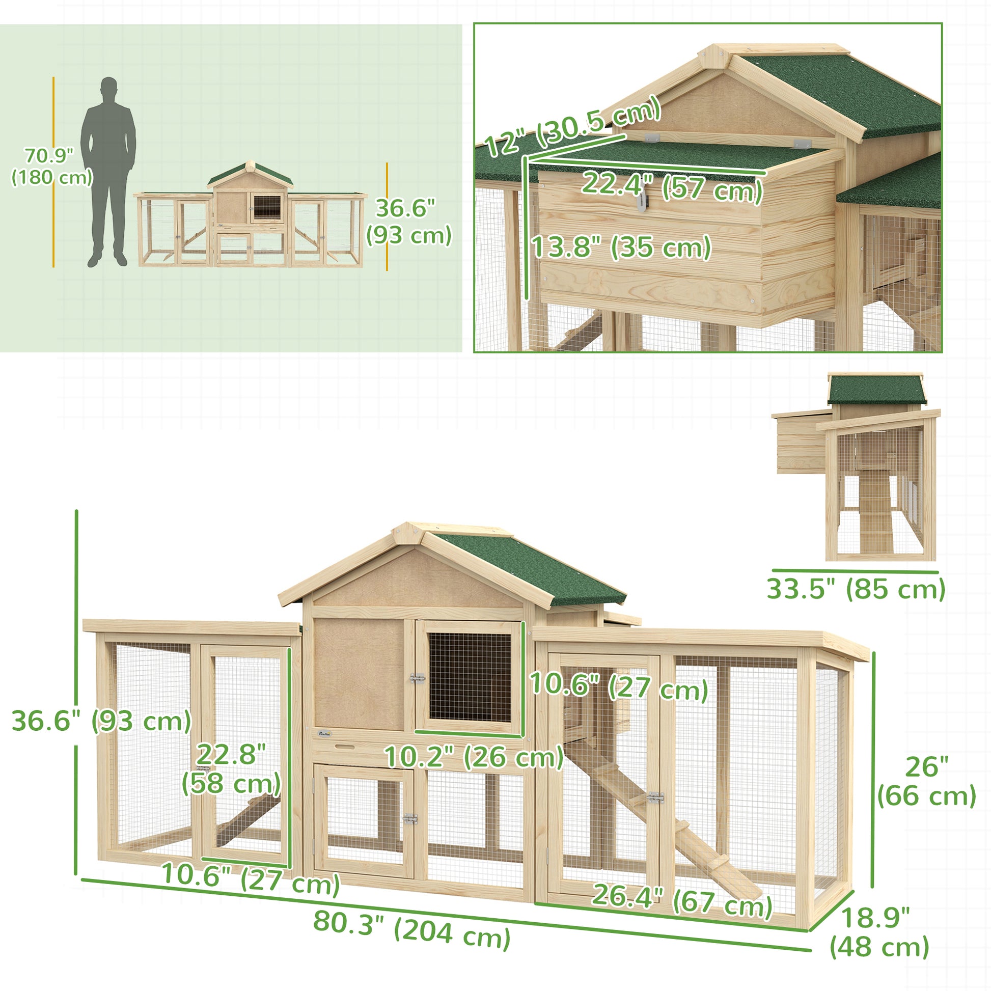 Wooden Chicken Coop, Outdoor Backyard Garden Large Rabbit Hutch with Nesting Box, Run, Ramp, Drawer