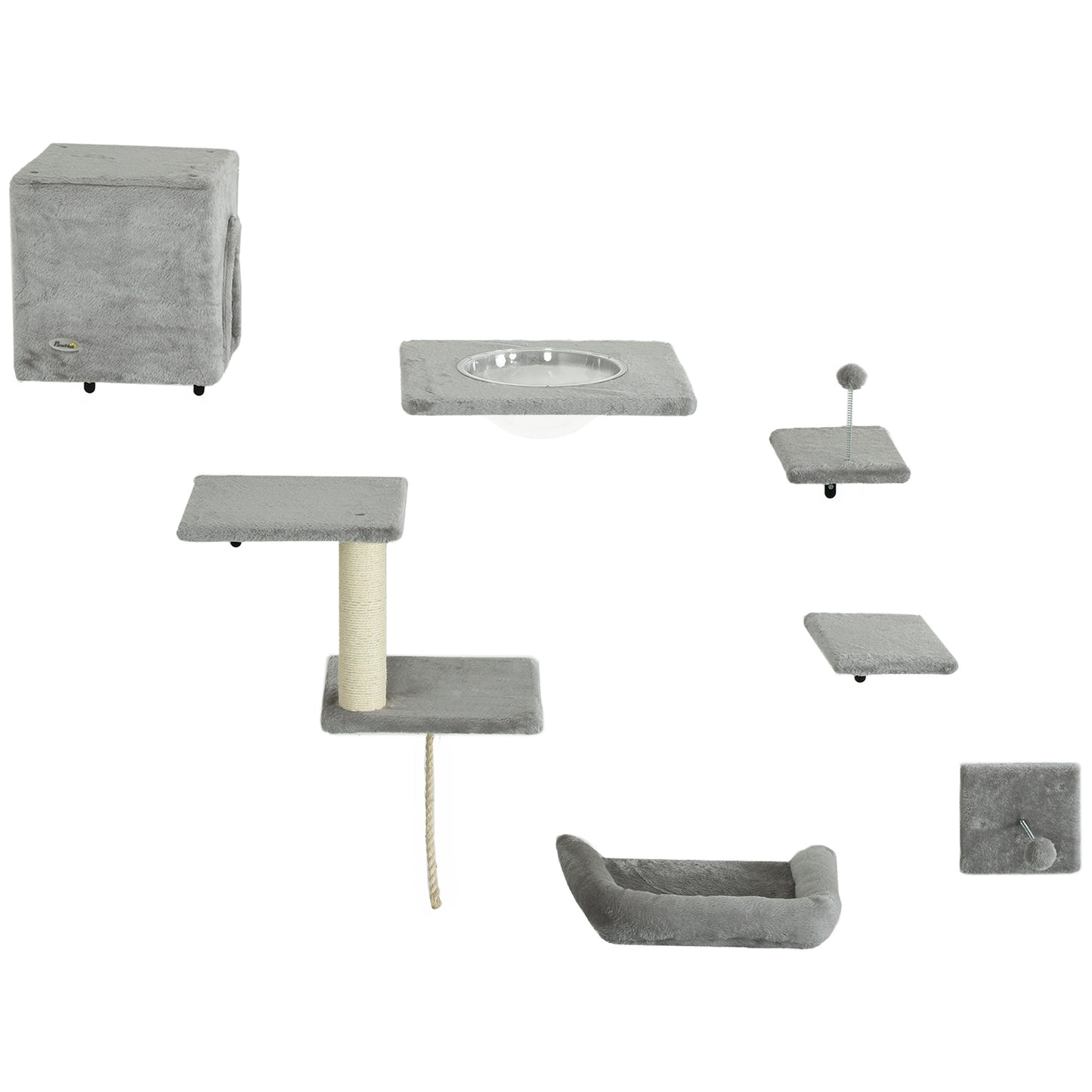Cat Wall Shelves Set of 7, Shelves and Perches with House, Sisal Post Ladder, Bed & Ball, Grey