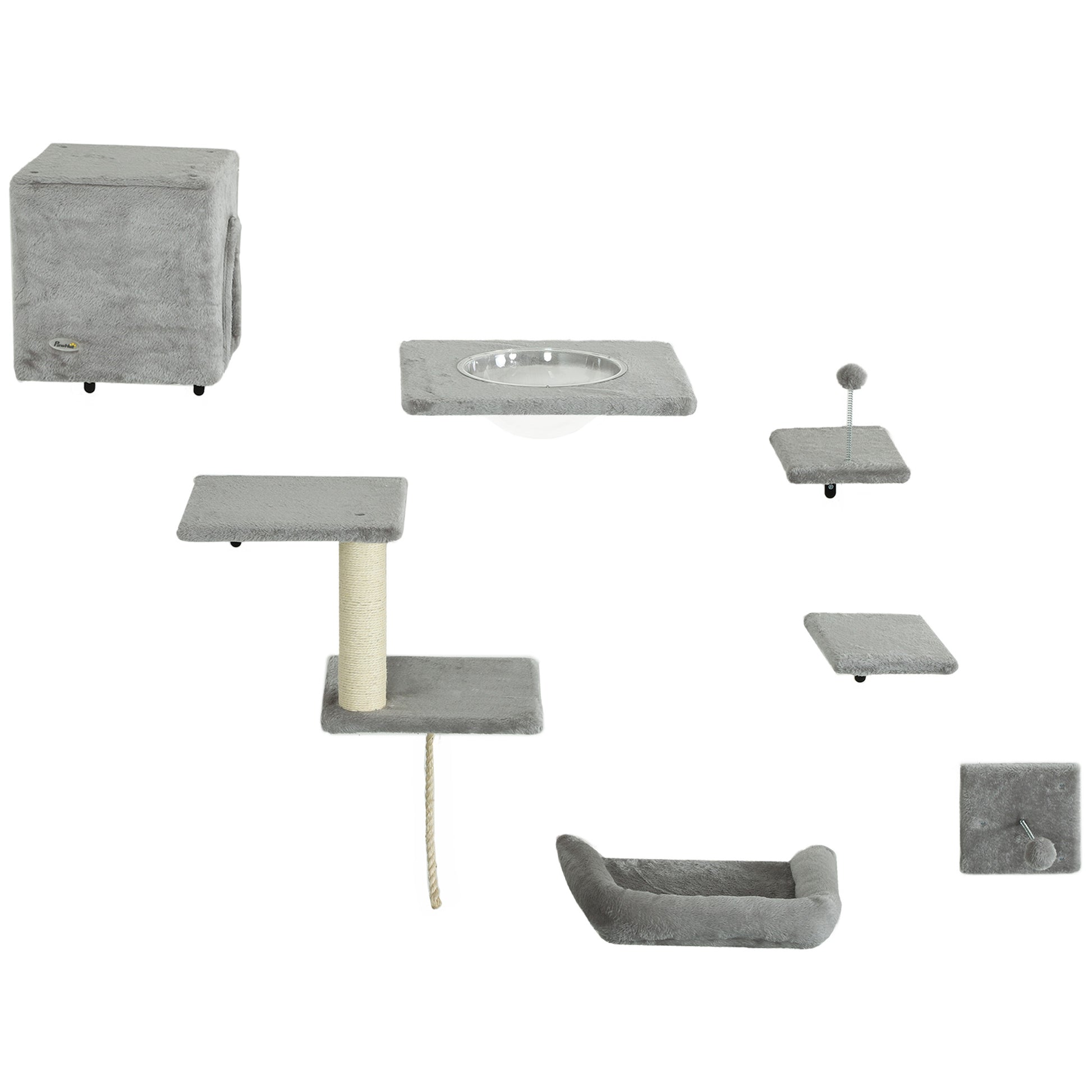 Cat Wall Shelves Set of 7, Shelves and Perches with House, Sisal Post Ladder, Bed & Ball, Grey