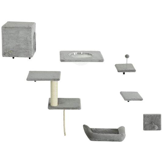 Cat Wall Shelves Set of 7, Shelves and Perches with House, Sisal Post Ladder, Bed & Ball, Grey