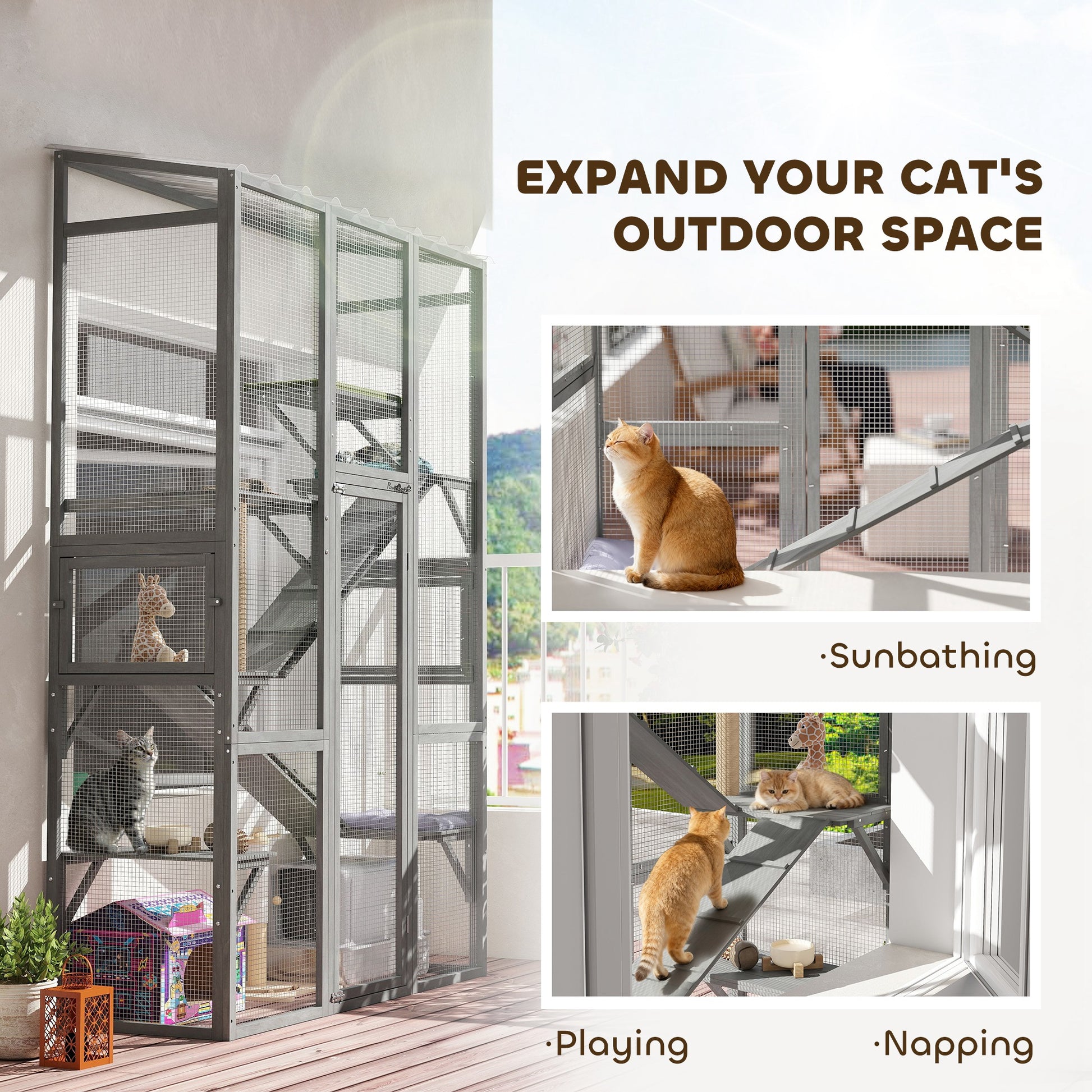 Large Outdoor Catio with 6 Jumping Platforms, Scratching Post, 2 Ramps, Waterproof Roof, Grey