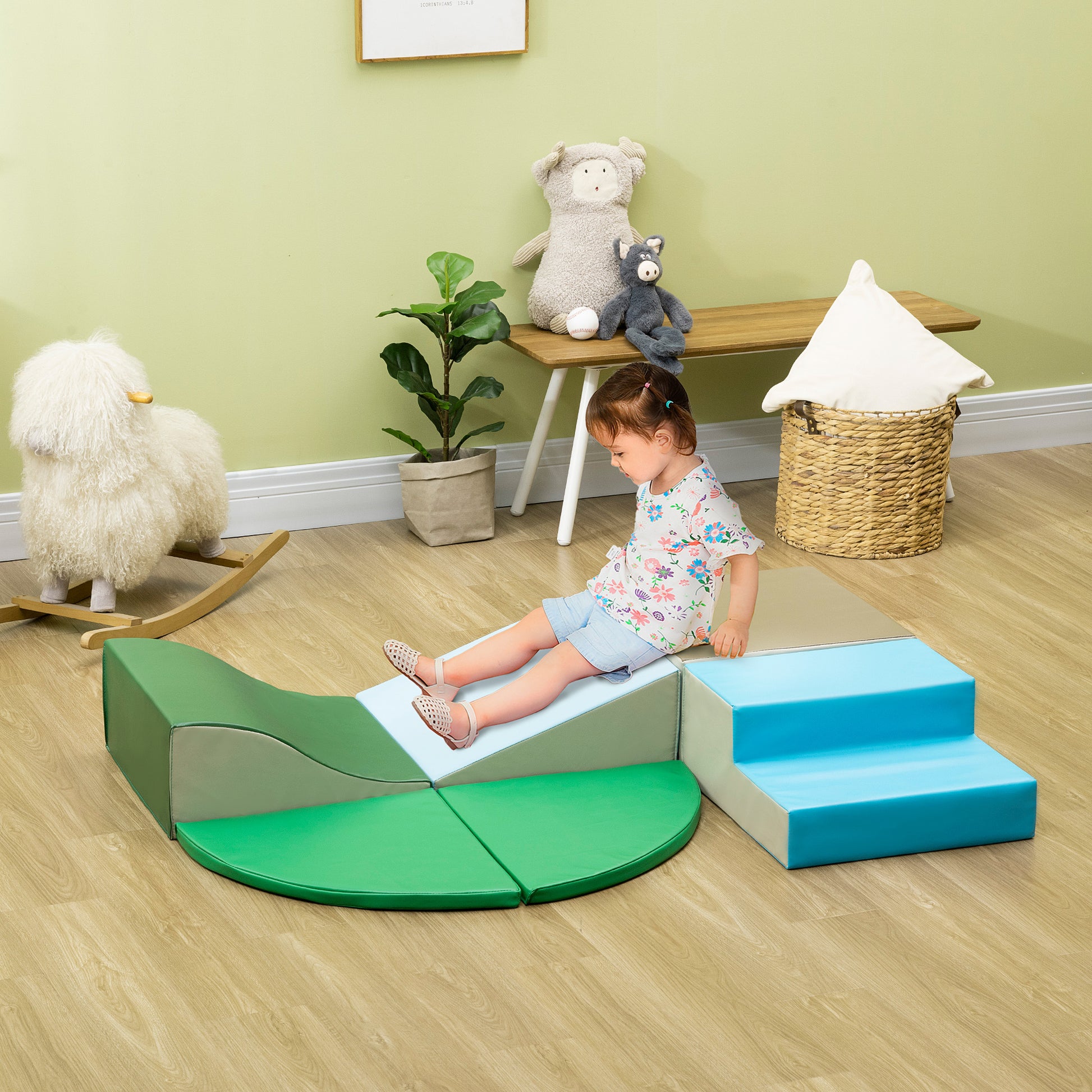 Qaba 6-Piece Soft Play for 12-36 Months Toddlers to Climb, Crawl, Slide, Blue, Green