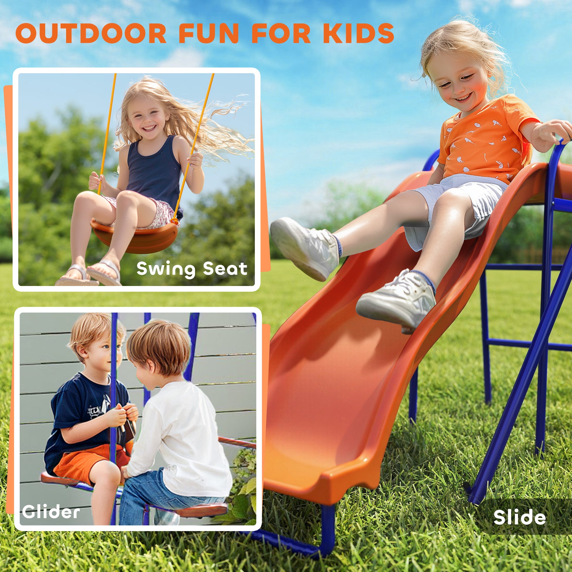 4 in 1 Metal Swing Set with Double Swings, Glider, Slide, Ladder for Backyard, Outdoor, Playground, Multicoloured