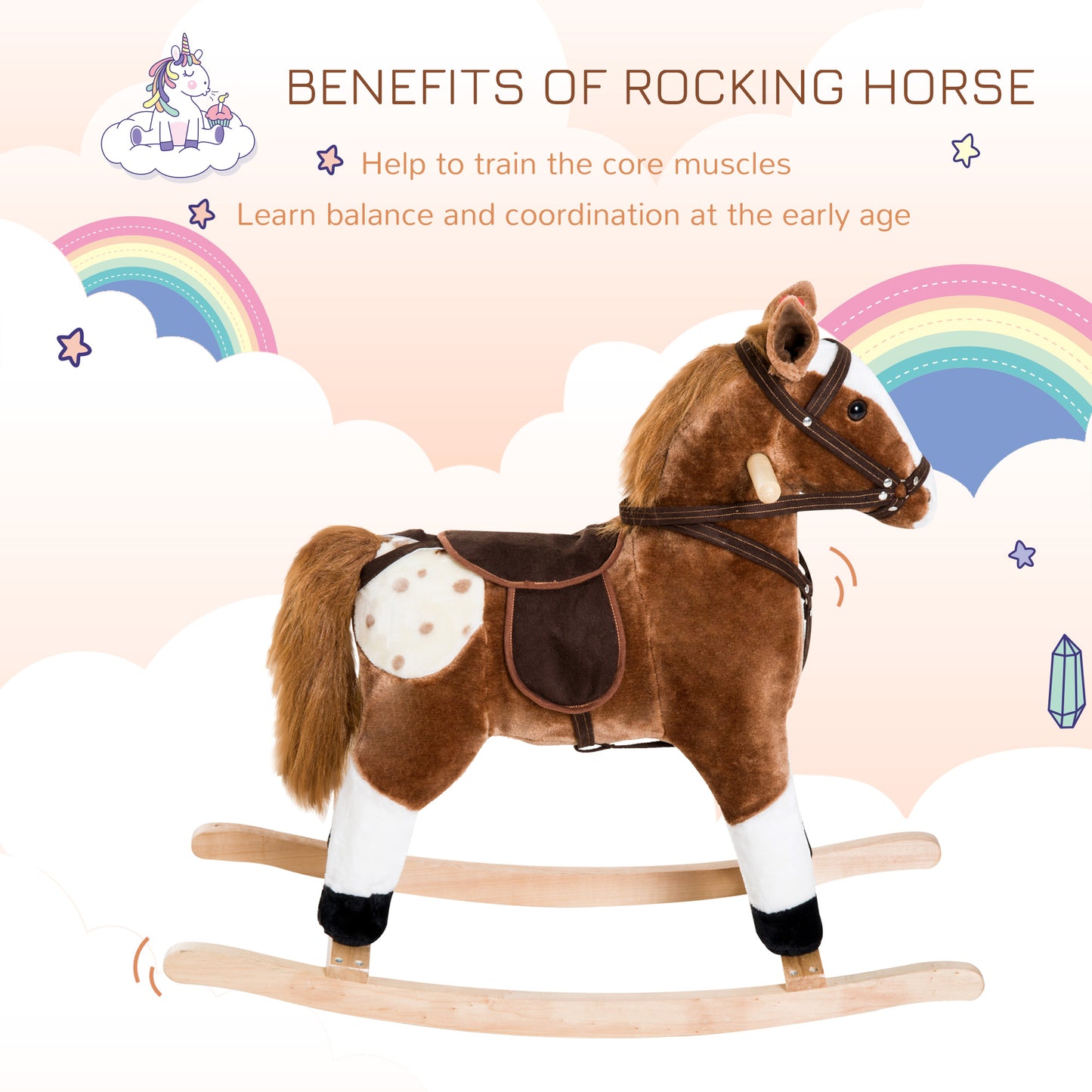 Qaba Baby Rocking Horse, Children Plush Animal Rocker, Kid Ride on Toy with Realistic Sound, Handle Grip, Brown