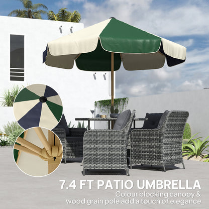 7.4 ft Patio Umbrella with Wood-Effect Frame, Colour-Blocked UPF 30+ Outdoor Market Table Umbrella Parasol, Dark Green