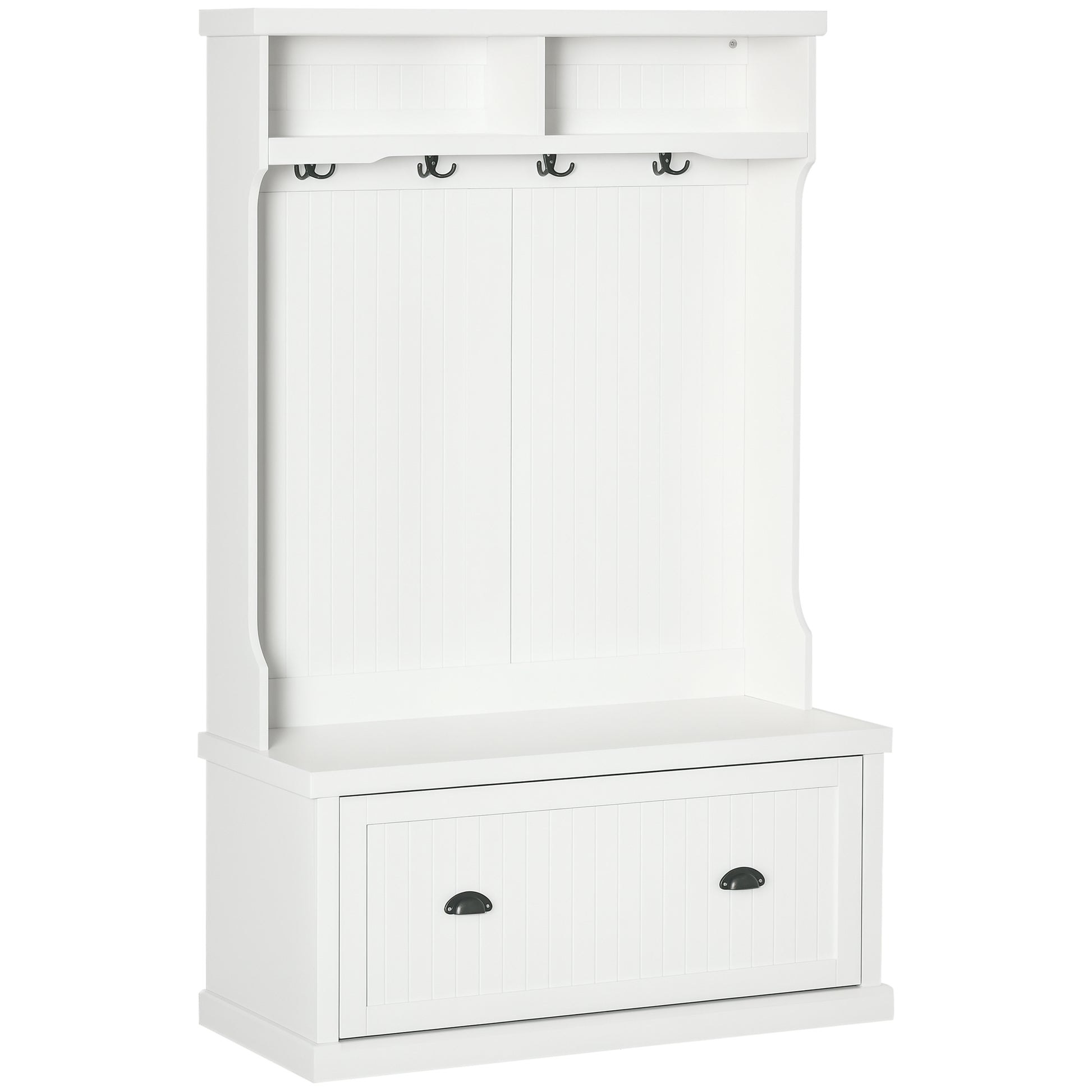 64.5" H Hall Tree with Storage Drawer & Top Shelf, Coat Rack Wooden Entryway Storage Bench Hall Tree Hallway Clothes Bag Coat Rack 4 Hooks, White