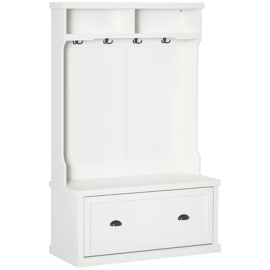 64.5" H Hall Tree with Storage Drawer & Top Shelf, Coat Rack Wooden Entryway Storage Bench Hall Tree Hallway Clothes Bag Coat Rack 4 Hooks, White
