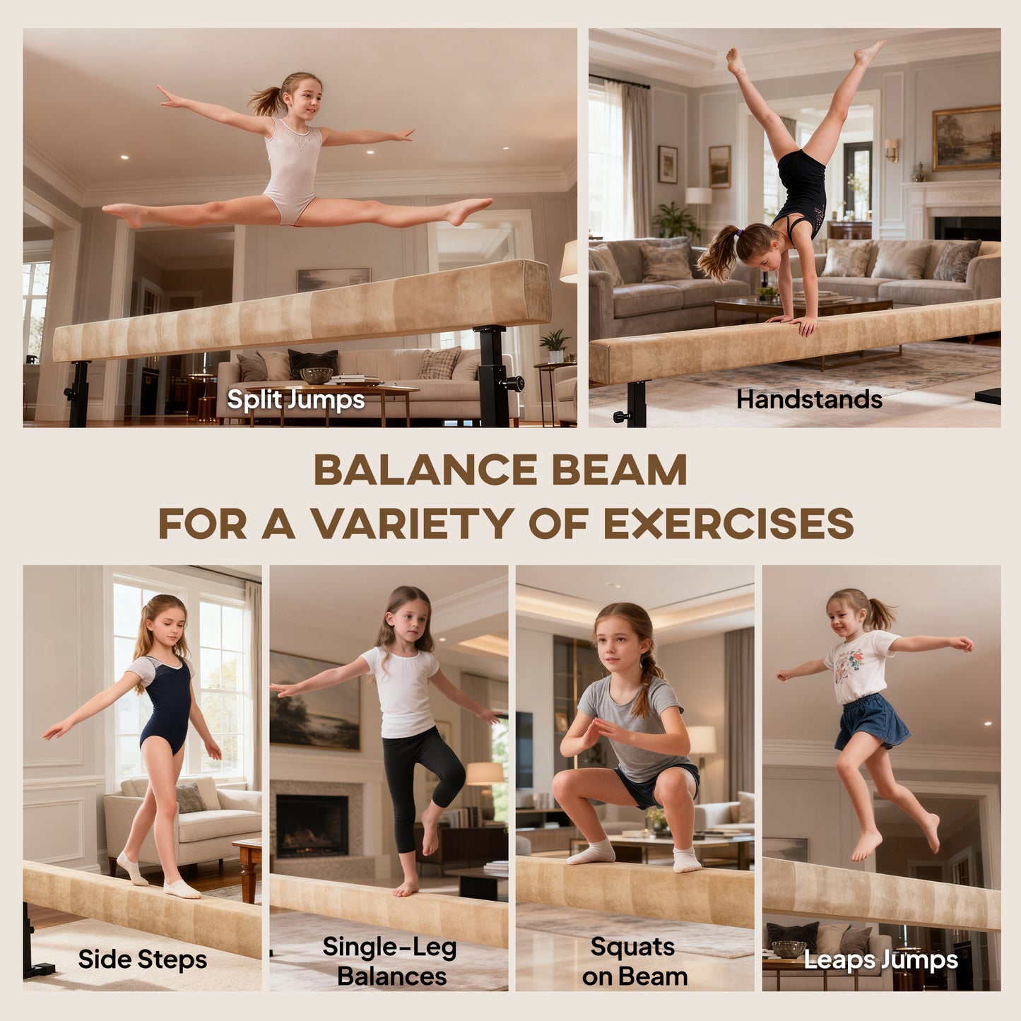 Soozier 7.5ft Adjustable Balance Beam, Gymnastics Beam with Wheels, Gymnastics Equipment for 6+ Years Old Training, Practice, and Professional Home Training, Brown