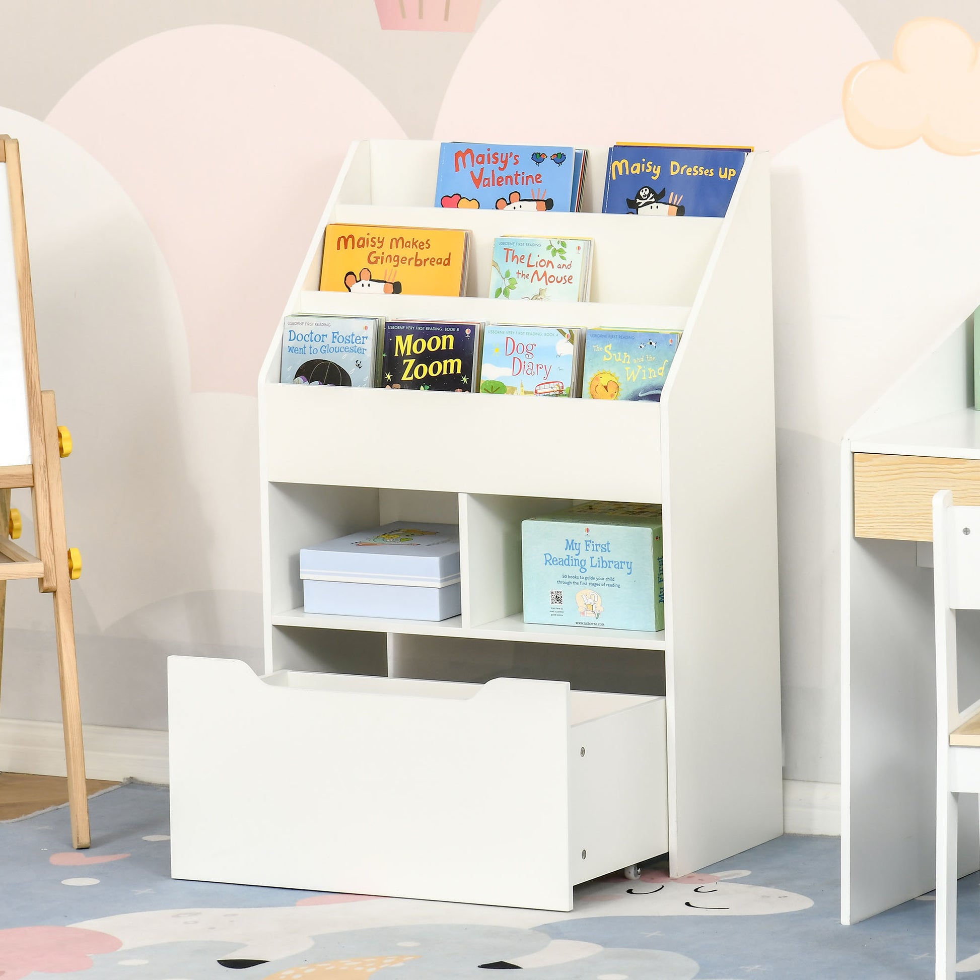 Kids Bookshelf Bookcase, Montessori-Inspired Multi-Shelf Rack Organizer with Moveable Drawer for Books for Reading Nook, Classroom, Bedroom, Playroom, White