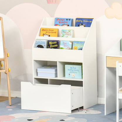 Kids Bookshelf Bookcase, Montessori-Inspired Multi-Shelf Rack Organizer with Moveable Drawer for Books for Reading Nook, Classroom, Bedroom, Playroom, White