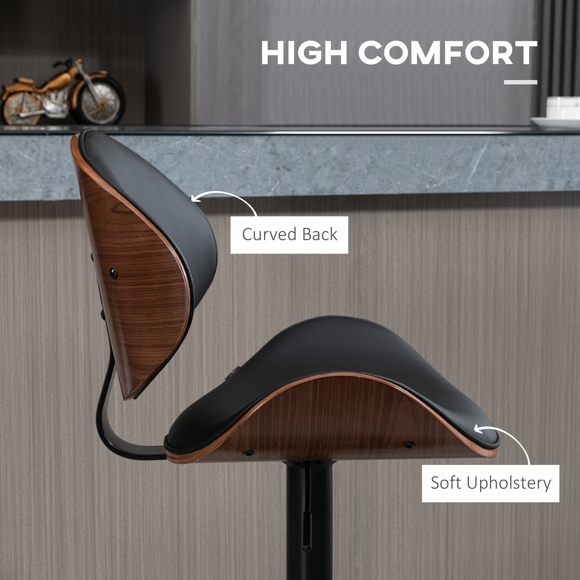 Bar Stools Set of 2, Modern PU Leather Adjustable Swivel Barstools with Curved Back, Footrest and Steel Base, Black