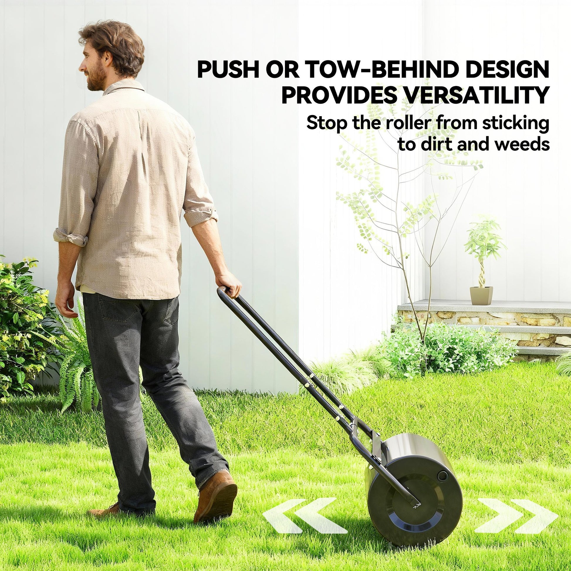 Heavy Duty Lawn Roller, 20" Push/Tow Behind Sod Roller, Grass Flattener Filled with 11gal Water/136lbs Sand, Black