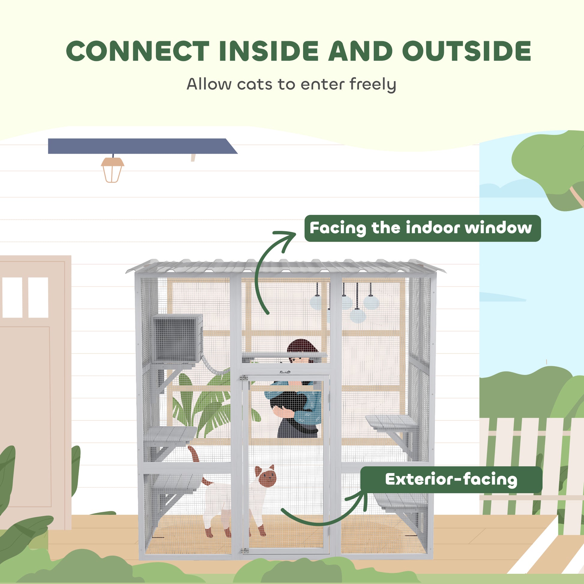 Large Outdoor Catio with Weatherproof Roof, Bridge, Resting Box, Platforms, White