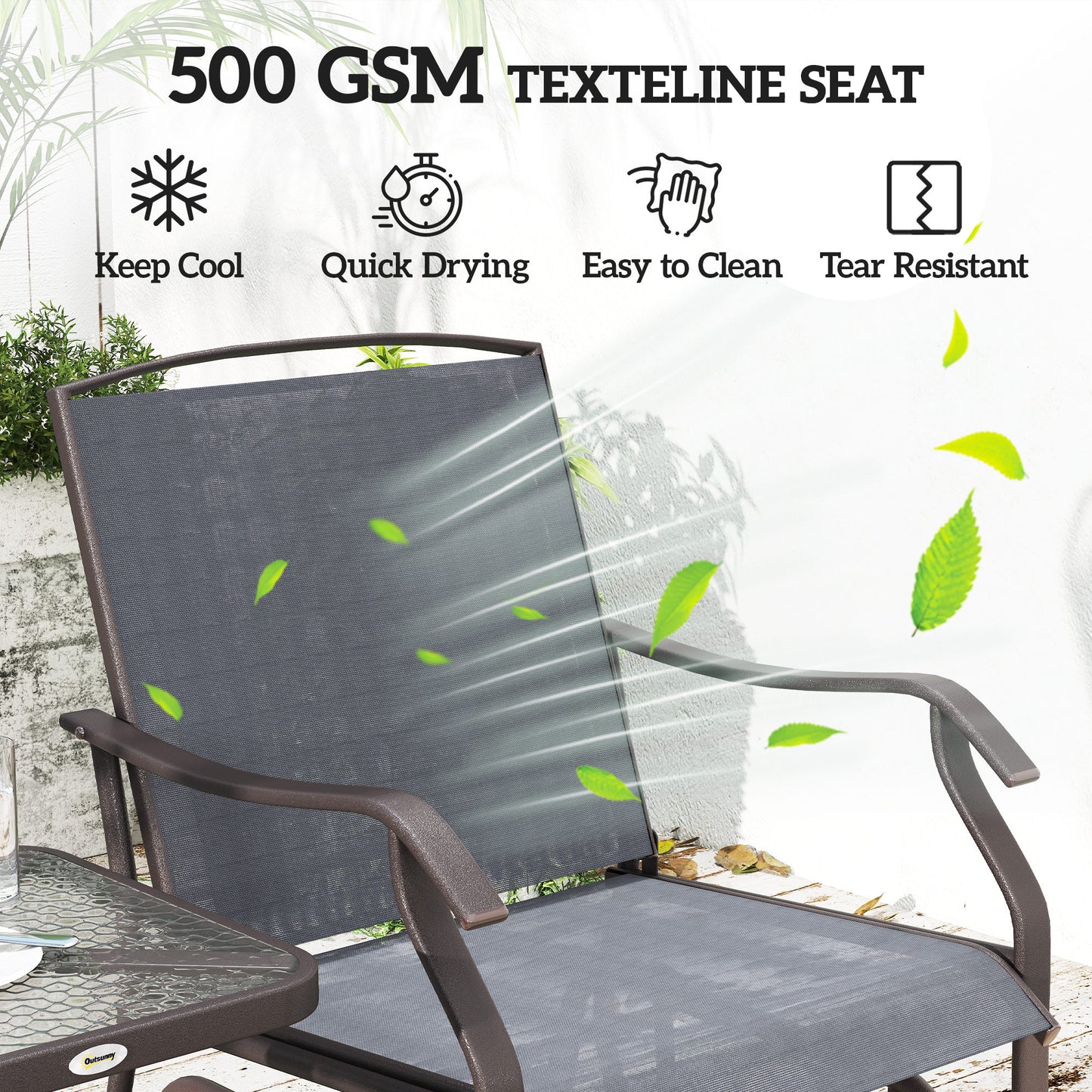 3 Piece Patio Glider Set Outdoor Gliders with Breathable Mesh Seat, Glass Top Table for Garden, Yard, Grey